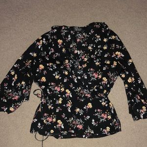 floral black tie wrap shirt